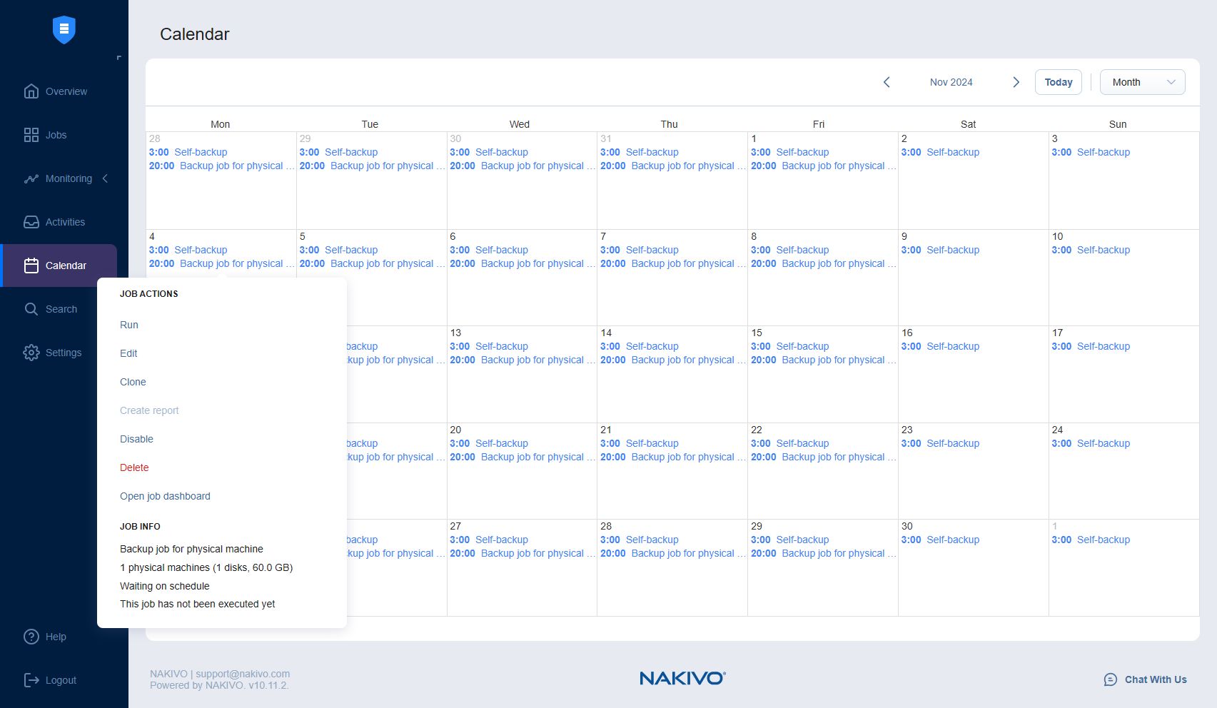 Nakivo - calendar view