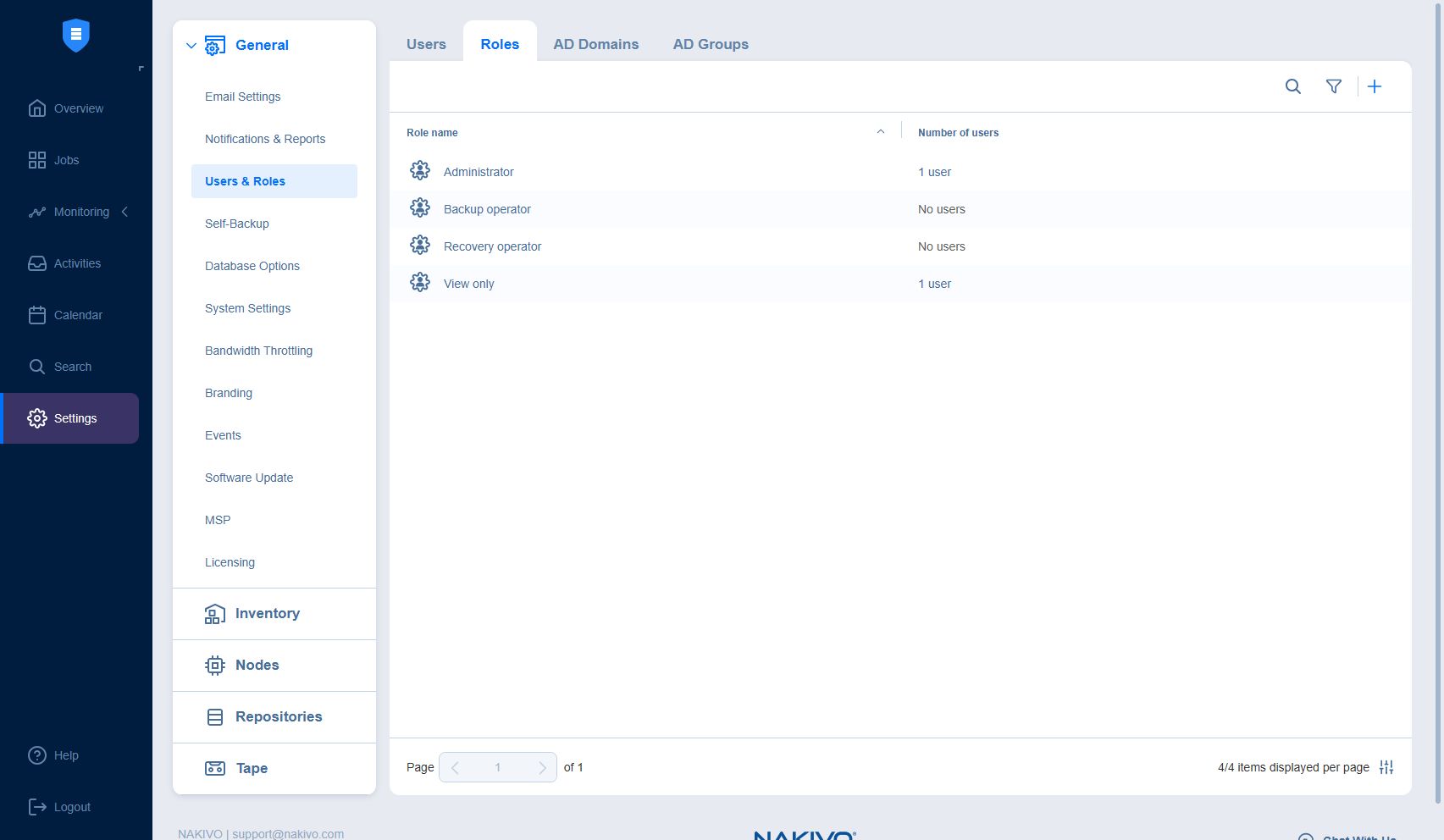 Nakivo - users and roles